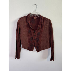 Women's Tan Chho One Size Brown Embroidered Button Down Shirt